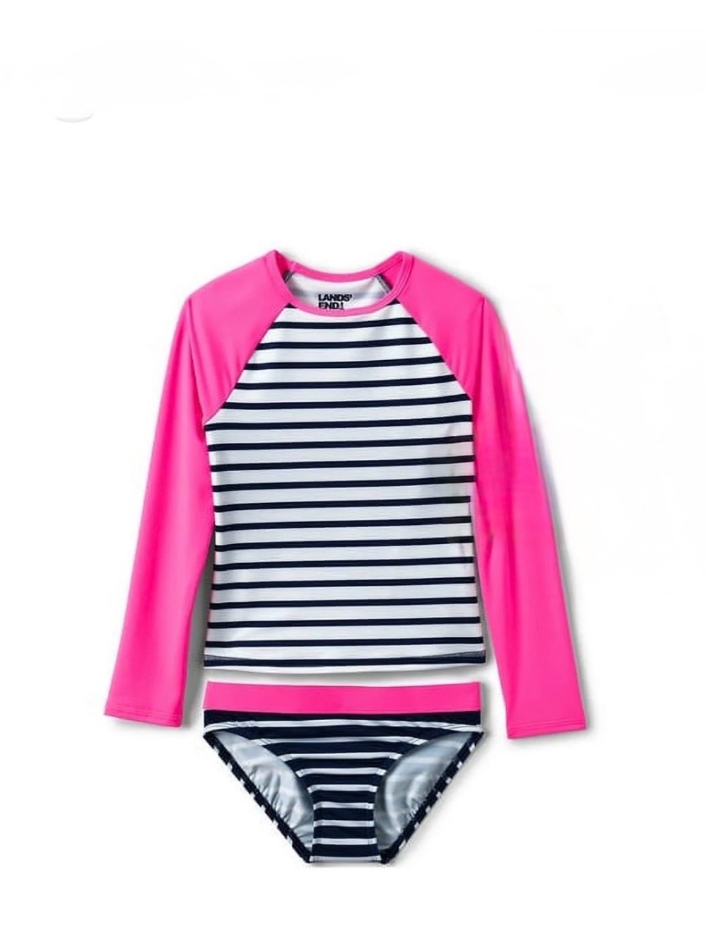Lands' End Girls' Neon Pink & Navy Stripe Long-Sleeve Rash Guard Set